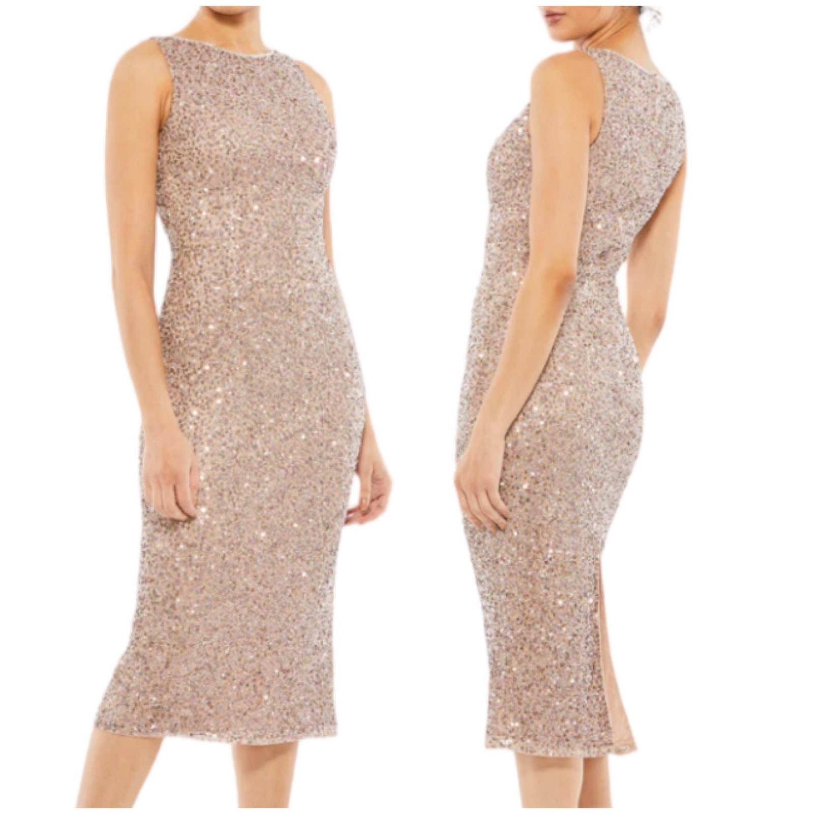 Mac Duggal Nwt Sequined Midi Sheath Cocktail Dress Size 10 Beaded Sparkle Rose